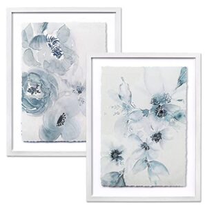 artbyhannah 12x16 framed blue floral wall art decor with watercolor flowers botanical deckled edge print for home decoration, white frames, 2 pack