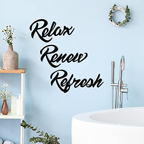 Hotop 3 Pieces Farmhouse Bathroom Metal Wall/ Letter Sign Decor Relax Renew Refresh Metal Sign Wall Art Decor Black Metal Bathroom Wall Decor for Home Decoration