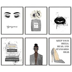 glam gray fashion wall decor girls room decor wall art silver perfume book high heels posters prints bedroom decor for women (8x10 in unframed)