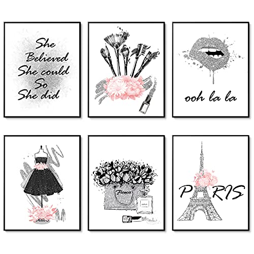 HoozGee Silver Gray Fashion Wall Art Girl Room Decor Makeup Room Artwork Prints Set of 6 Paris Perfume Flower Lipstick Canvas Art Posters Wall Decor for Bedroom (11"x14" UNFRAMED, Gray Pink)