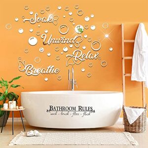 60 pieces 3d acrylic mirror wall stickers decor, bathroom diy removable mirror wall decals sticker decor circle bubbles for bathroom bedroom living room home decoration (silver)