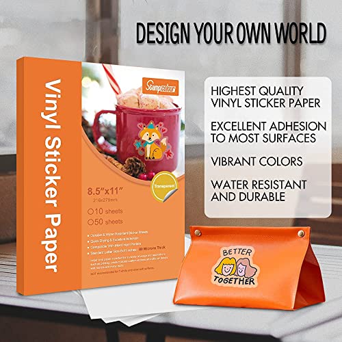 Stampcolour Printable Vinyl Sticker Paper for Cricut,Transparent No-Waterproof, Clear Decal 50 Sheets Self-Adhesive Crafts,Dries Quickly Tear Resistant-for Any Epson HP Canon Sawgrass Inkjet Printer