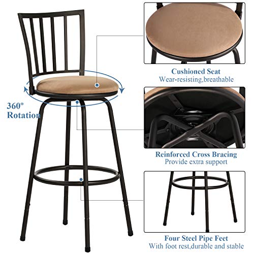 VECELO Barstools, Adjustable Counter Stools, Steel Bistro Pub Chairs, Bar Stools with 360 Degree Swivel Seat Top and Comfortable Round Seat Cushions,Straight Backrest,Set of 2