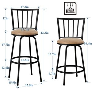 VECELO Barstools, Adjustable Counter Stools, Steel Bistro Pub Chairs, Bar Stools with 360 Degree Swivel Seat Top and Comfortable Round Seat Cushions,Straight Backrest,Set of 2