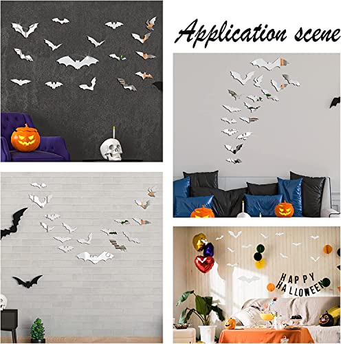 CREATCABIN Halloween Bats Acrylic Mirror Sticker Wall Decal Decoration Removable Self-Adhesive Waterproof for Holiday Party Supplies Home Window Decor 3D DIY (Style 10, 16pcs), Silver