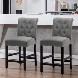 GOTMINSI 24 Inch Bar Stools for Kitchen Island, Set of 2 Fabric Barstools Upholstered Back Counter Bar Stools with Button Tufted Decoration Leisure Style Wooden Bar Chairs(Grey)