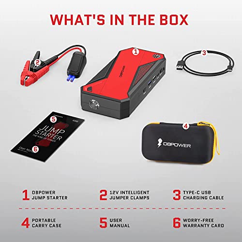 DBPOWER Peak 1600A 18000mAh Portable Car Jump Starter(up to 7.2 Gas, 5.5L Diesel Engines) Battery Booster with Smart Charging Port, LCD Display, Intelligent Jumper Clamps, Compass and LED Light (Red)