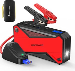 dbpower peak 1600a 18000mah portable car jump starter(up to 7.2 gas, 5.5l diesel engines) battery booster with smart charging port, lcd display, intelligent jumper clamps, compass and led light (red)