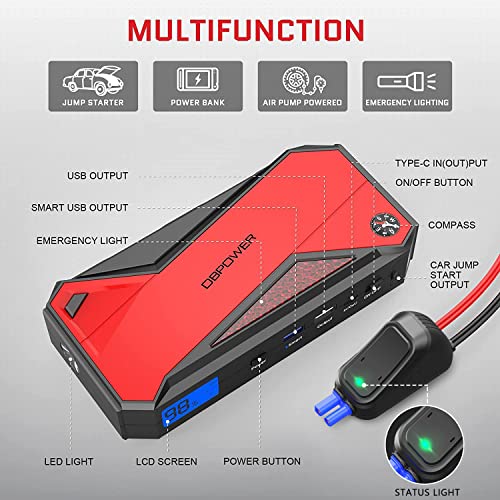 DBPOWER Peak 1600A 18000mAh Portable Car Jump Starter(up to 7.2 Gas, 5.5L Diesel Engines) Battery Booster with Smart Charging Port, LCD Display, Intelligent Jumper Clamps, Compass and LED Light (Red)