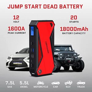 DBPOWER Peak 1600A 18000mAh Portable Car Jump Starter(up to 7.2 Gas, 5.5L Diesel Engines) Battery Booster with Smart Charging Port, LCD Display, Intelligent Jumper Clamps, Compass and LED Light (Red)