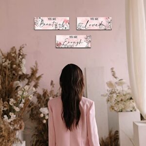 3 Pieces Floral Wooden Hanging Wall Art Positive Quotes You Are Loved You Are Beautiful You Are Enough Inspirational Word Sign Decors for Teen Girls Women Room (Pink. 4 x 11 Inch)