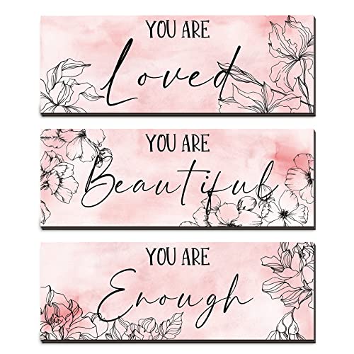 3 Pieces Floral Wooden Hanging Wall Art Positive Quotes You Are Loved You Are Beautiful You Are Enough Inspirational Word Sign Decors for Teen Girls Women Room (Pink. 4 x 11 Inch)