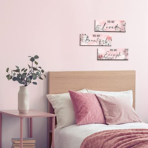 3 Pieces Floral Wooden Hanging Wall Art Positive Quotes You Are Loved You Are Beautiful You Are Enough Inspirational Word Sign Decors for Teen Girls Women Room (Pink. 4 x 11 Inch)