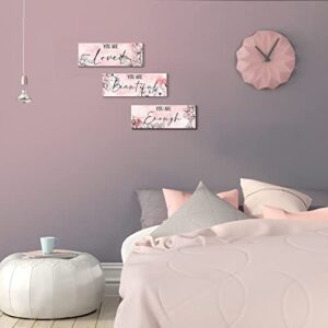 3 Pieces Floral Wooden Hanging Wall Art Positive Quotes You Are Loved You Are Beautiful You Are Enough Inspirational Word Sign Decors for Teen Girls Women Room (Pink. 4 x 11 Inch)