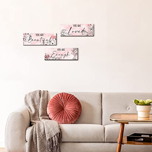 3 Pieces Floral Wooden Hanging Wall Art Positive Quotes You Are Loved You Are Beautiful You Are Enough Inspirational Word Sign Decors for Teen Girls Women Room (Pink. 4 x 11 Inch)