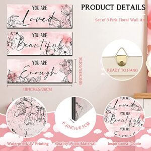 3 Pieces Floral Wooden Hanging Wall Art Positive Quotes You Are Loved You Are Beautiful You Are Enough Inspirational Word Sign Decors for Teen Girls Women Room (Pink. 4 x 11 Inch)