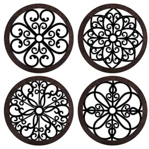 4 pieces thicken rustic wall decor farmhouse wall art decor wooden hollow carved design rustic round wall art for living room bedroom hallway decor office kitchen wall decoration (black, brown)