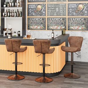 Keyluv Bar Stools Set of 2 Adjustable Swivel Counter Height Barstools Bar Chairs with Backrest and Metal Frame Modern PU Leather Barstool Chairs for Kitchen Bistro Pub, Retro Brown