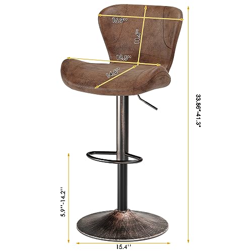 Keyluv Bar Stools Set of 2 Adjustable Swivel Counter Height Barstools Bar Chairs with Backrest and Metal Frame Modern PU Leather Barstool Chairs for Kitchen Bistro Pub, Retro Brown