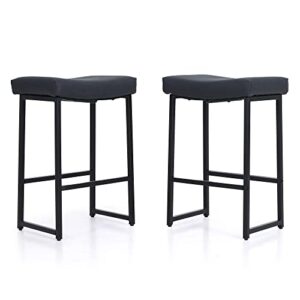MAISON ARTS Black Bar Stools Set of 2 Counter Height 24 Inches Saddle Stools for Kitchen Counter Backless Modern Barstools Upholstered Faux Leather Stools Farmhouse Island Chairs, Black, 2pcs