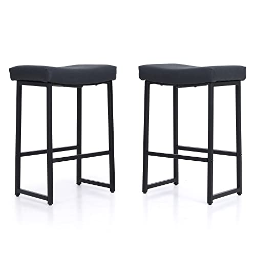 MAISON ARTS Black Bar Stools Set of 2 Counter Height 24 Inches Saddle Stools for Kitchen Counter Backless Modern Barstools Upholstered Faux Leather Stools Farmhouse Island Chairs, Black, 2pcs