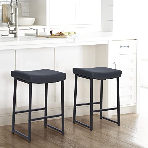 MAISON ARTS Black Bar Stools Set of 2 Counter Height 24 Inches Saddle Stools for Kitchen Counter Backless Modern Barstools Upholstered Faux Leather Stools Farmhouse Island Chairs, Black, 2pcs