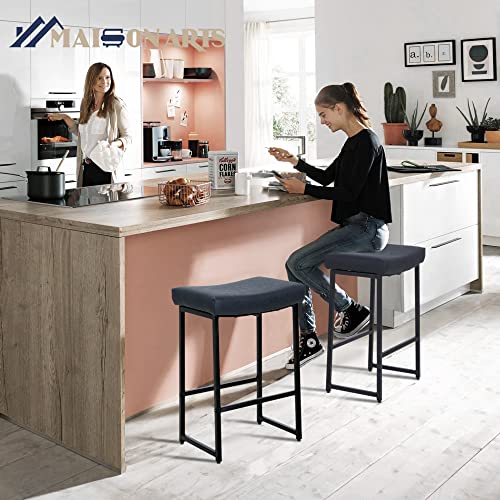 MAISON ARTS Black Bar Stools Set of 2 Counter Height 24 Inches Saddle Stools for Kitchen Counter Backless Modern Barstools Upholstered Faux Leather Stools Farmhouse Island Chairs, Black, 2pcs
