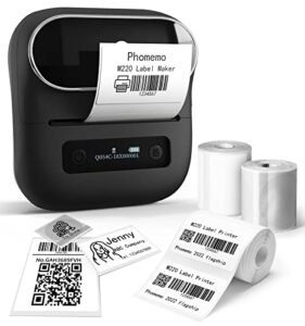 phomemo m220 label maker, bluetooth label printer, 3.14 inch portable thermal label maker machine for barcode, labeling, organizing, small business, compatible with ios & android, with 3 label