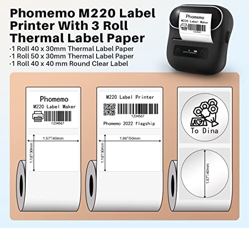 Phomemo M220 Label Maker, Bluetooth Label Printer, 3.14 Inch Portable Thermal Label Maker Machine for Barcode, Labeling, Organizing, Small Business, Compatible with iOS & Android, with 3 Label