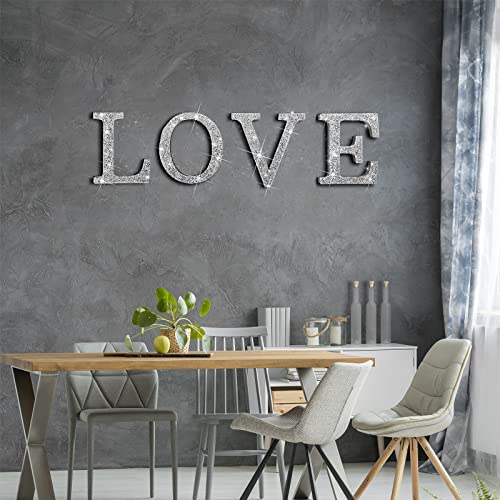 4 Pcs Independent Crystal Letters Crushed Diamond Decor Silver Wall Decor Mirrored Glam Decor Bling Home Love Sign for Mantel Desk (Love Style)