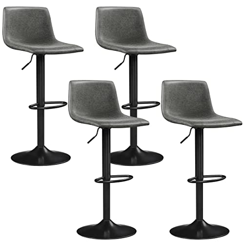 Yaheetech BarStools Modern Design Bar Stools Urban Industrial Faux Leather Armless Chair Adjustable Height and 360° Rotation for Bar Counter Kitchen Home Set of 4, Grey