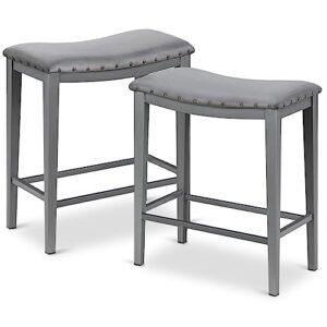 katdans grey bar stools set of 2 counter height 24 inches backless barstools for kitchen counter modern saddle stools velvet nailhead upholstered stools, ks718pn