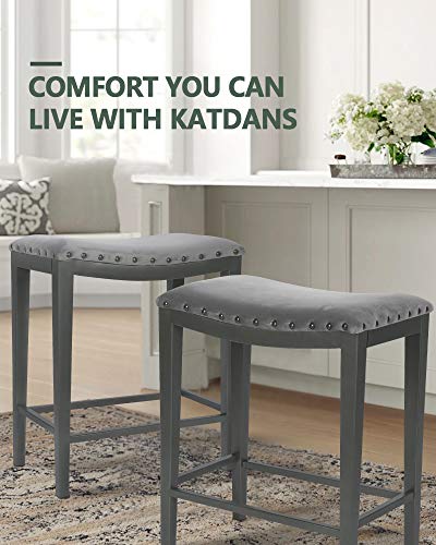 KATDANS Grey Bar Stools Set of 2 Counter Height 24 Inches Backless Barstools for Kitchen Counter Modern Saddle Stools Velvet Nailhead Upholstered Stools, KS718PN