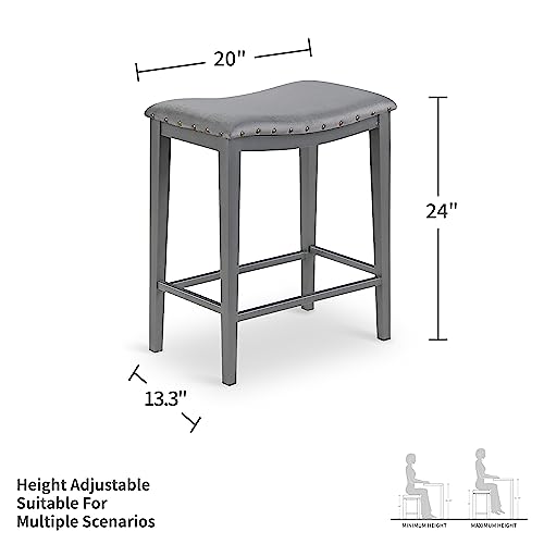 KATDANS Grey Bar Stools Set of 2 Counter Height 24 Inches Backless Barstools for Kitchen Counter Modern Saddle Stools Velvet Nailhead Upholstered Stools, KS718PN