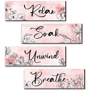 elegant bathroom wall decor sign 4 pieces vintage wooden relax soak unwind breathe wall art hanging floral wall decor farmhouse rustic wood plaque for bathroom laundry room supply (pink)
