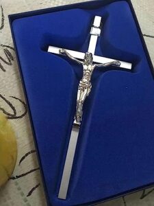 swimery crucifix wall cross,silver metal slender catholic crosses for room decor, cross (hanging or standing)-10inch 10 x 5.1 x 0.7 inches