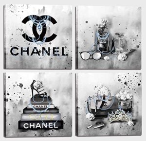 meetdeceny fashion wall-art for bedroom women - black and white bathroom decor wall art - fashion book stack grey painting canvas artwork size 10"x10" 4 pieces ready to hang