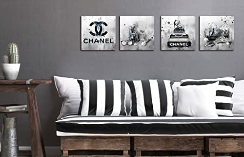 Meetdeceny Fashion Wall-Art For Bedroom Women - Black And White Bathroom Decor Wall Art - Fashion Book Stack Grey Painting Canvas Artwork Size 10"x10" 4 Pieces Ready To Hang