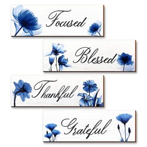 Blue Wall Decor for Living Room 4 Pieces - Focused Grateful Blessed Thankful Wood Signs, MONKLE Flowers Wall Art Decor Wooden Hanging Plaques, Floral Art Decorations for Home Kitchen Living Room