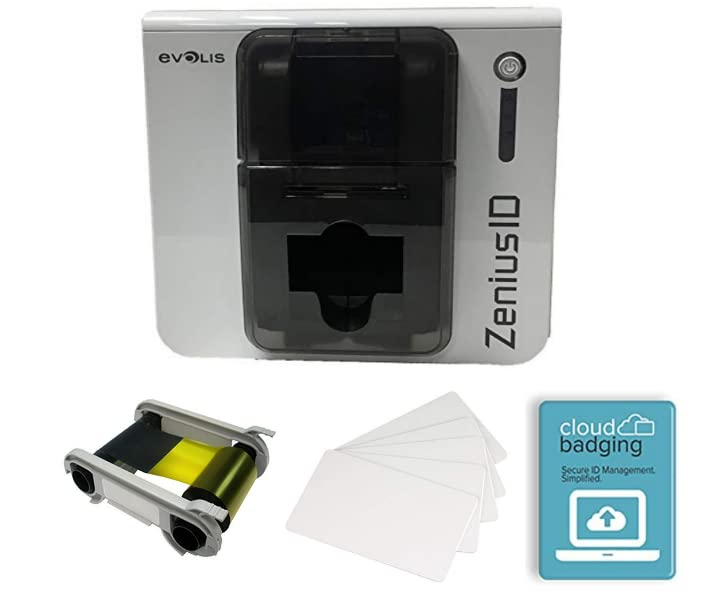 Evolis ZeniusID ID Card Printer Single-Sided - Gray Brown with Evolis Color Ribbon - YMCKOK - 200 Prints, ID Zone Premium White Blank Plastic CR80 30 Mil PVC Cards (200 Pack), and CloudBadging Lite