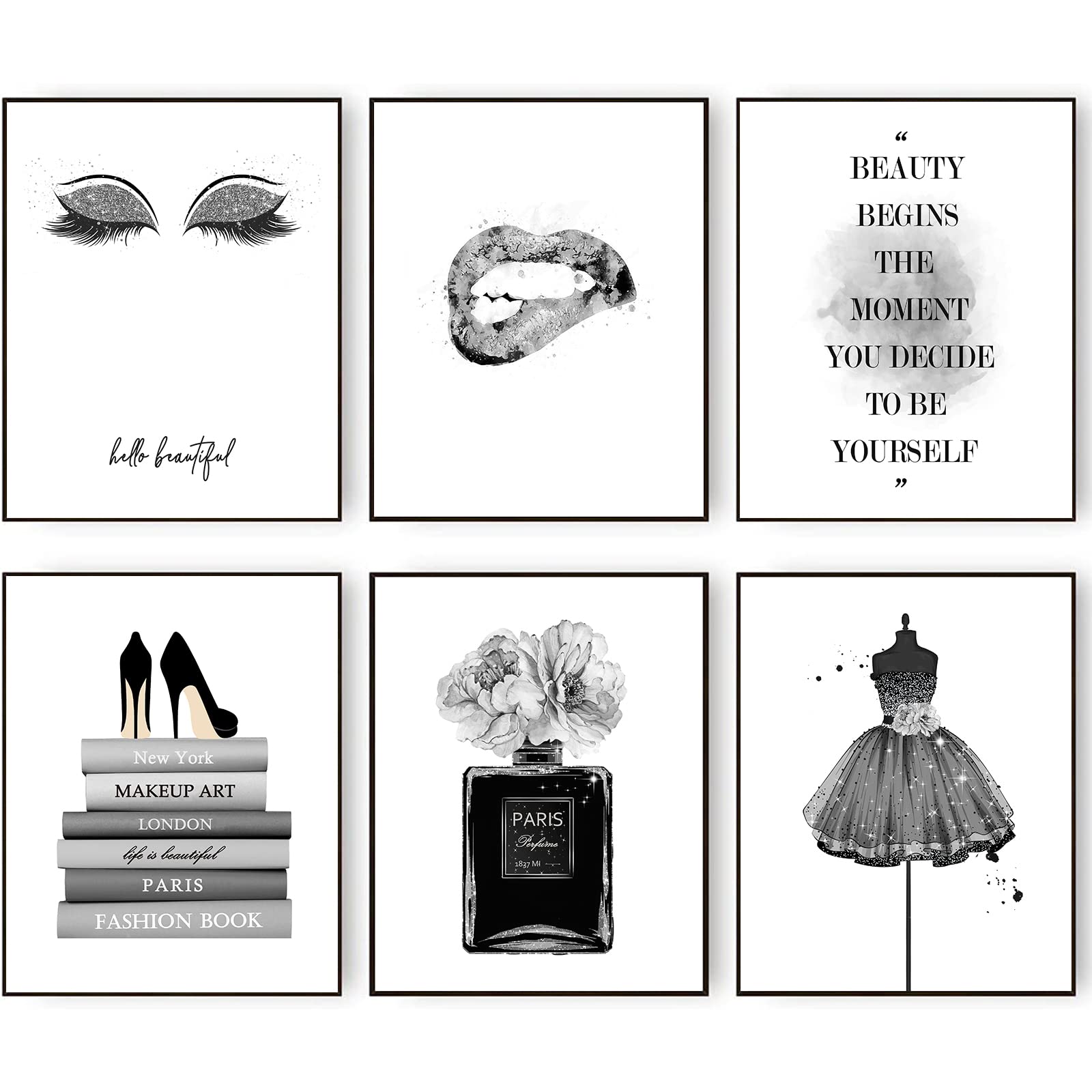 Admmixoo Fashion Wall Decor Girls Room Decor Glam Silver Gray Wall Art Prints Mini Black Skirt, Flower Perfume Bottle, Book, Lips Motto Posters Prints Bedroom Decor (8"x10" UNFRAMED)