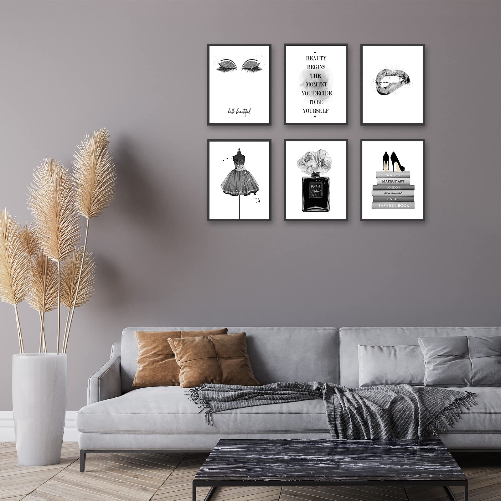 Admmixoo Fashion Wall Decor Girls Room Decor Glam Silver Gray Wall Art Prints Mini Black Skirt, Flower Perfume Bottle, Book, Lips Motto Posters Prints Bedroom Decor (8"x10" UNFRAMED)