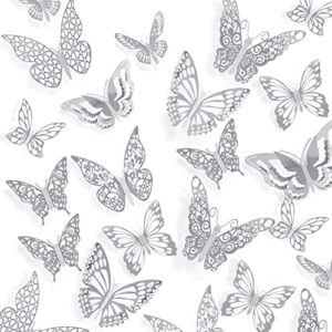 vuzvuv 60pcs 3d silver butterfly wall stickers 3 sizes 5 styles butterfly party decorations cake decorations wall decor room kids bedroom nursery classroom wedding decor birthday decor paper butterflies