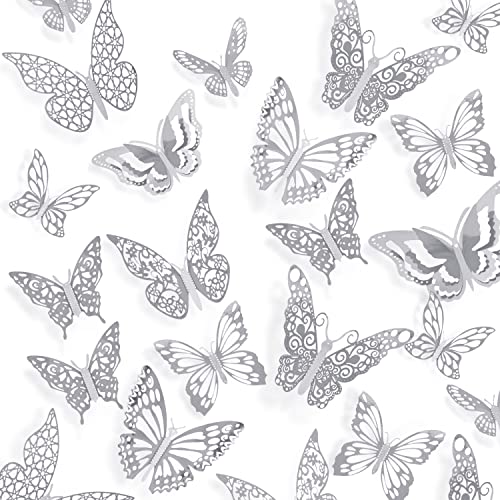 Vuzvuv 60Pcs 3D Silver Butterfly Wall Stickers 3 Sizes 5 Styles Butterfly Party Decorations Cake Decorations Wall Decor Room Kids Bedroom Nursery Classroom Wedding Decor Birthday Decor Paper Butterflies