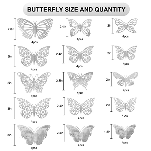 Vuzvuv 60Pcs 3D Silver Butterfly Wall Stickers 3 Sizes 5 Styles Butterfly Party Decorations Cake Decorations Wall Decor Room Kids Bedroom Nursery Classroom Wedding Decor Birthday Decor Paper Butterflies