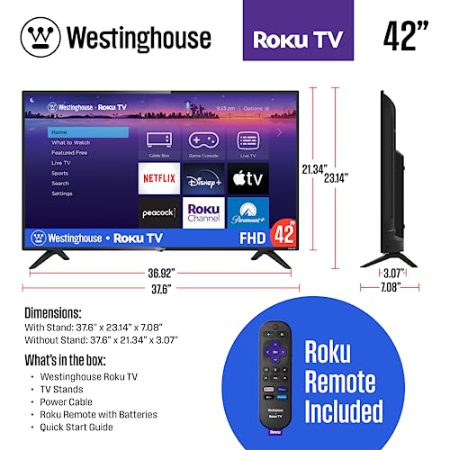 Westinghouse Roku TV - 42 Inch Smart TV, 1080P LED Full HD TV with Wi-Fi Connectivity and Mobile App, Flat Screen TV Compatible with Apple Home Kit, Alexa and Google Assistant