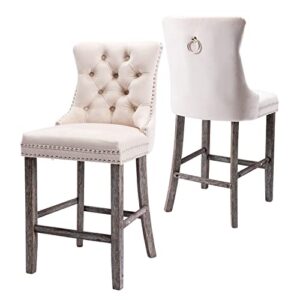 kiztir velvet bar stools set of 2, 27" counter height bar chairs with button decor, nailhead trim, solid wooden legs, beige modern upholstered bar stools for kitchen, cafe, pub