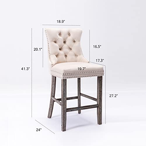 Kiztir Velvet Bar Stools Set of 2, 27" Counter Height Bar Chairs with Button Decor, Nailhead Trim, Solid Wooden Legs, Beige Modern Upholstered Bar Stools for Kitchen, Cafe, Pub