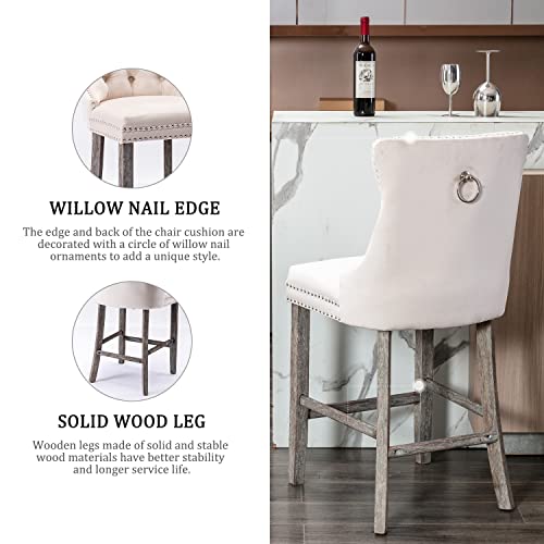 Kiztir Velvet Bar Stools Set of 2, 27" Counter Height Bar Chairs with Button Decor, Nailhead Trim, Solid Wooden Legs, Beige Modern Upholstered Bar Stools for Kitchen, Cafe, Pub