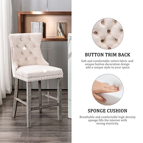 Kiztir Velvet Bar Stools Set of 2, 27" Counter Height Bar Chairs with Button Decor, Nailhead Trim, Solid Wooden Legs, Beige Modern Upholstered Bar Stools for Kitchen, Cafe, Pub